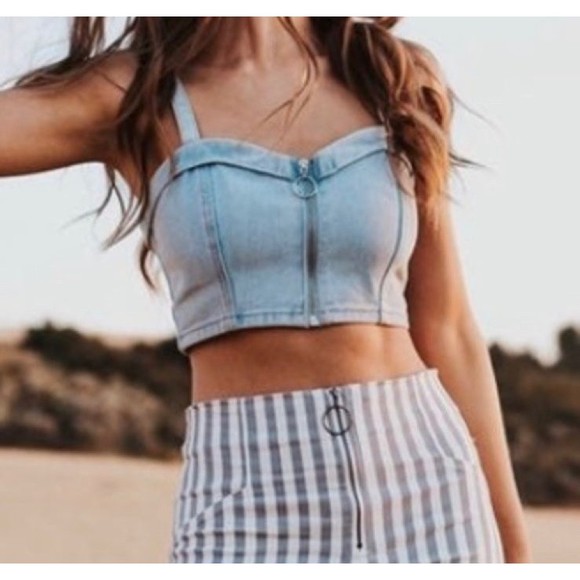 Forever 21 Tops - New•Forever 21•Denim zipper cropped blue jeans top shirt Lg